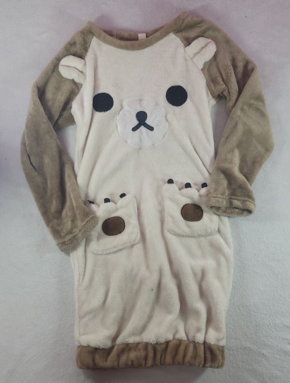 Kawaii Lolita Teddy Bear Fleece Nightgown Long Sleeve Warm Sleepwear Size M